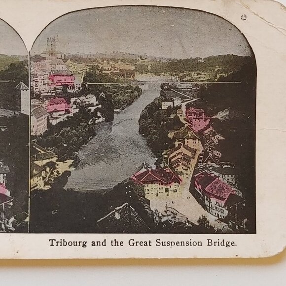 Antique Stereograph Card Tribourg and the Great Suspension Bridge Full Colour - Picture 2 of 3
